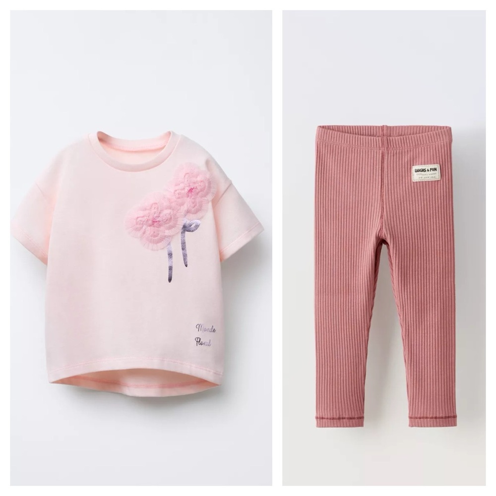 Zara Tulle Flower Appliqué Shirt & Ribbed Leggings